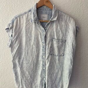 Womens Medium Rails Blue Acid Wash Casual Button Down Shirt Raw Hem